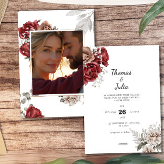 Convites Casamento Romântico de Burgundy e Silver Foto Flor