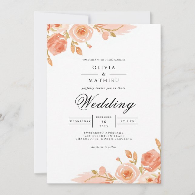 Convites Casamento Romântico de Canto Floral Suave (Frente)