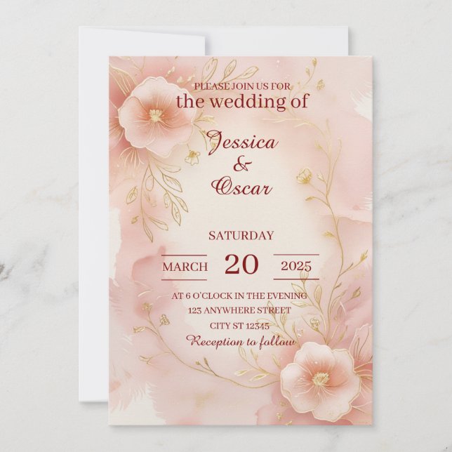 Convites Casamento Romântico de Cor de Água Rosa Espelhada (Frente)