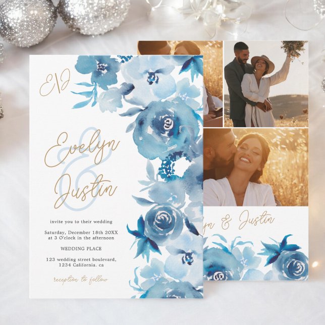 Convites Casamento Romântico de Cor Floral Azul Elegante (Romantic Elegant blue Floral Watercolor Wedding Invitation)