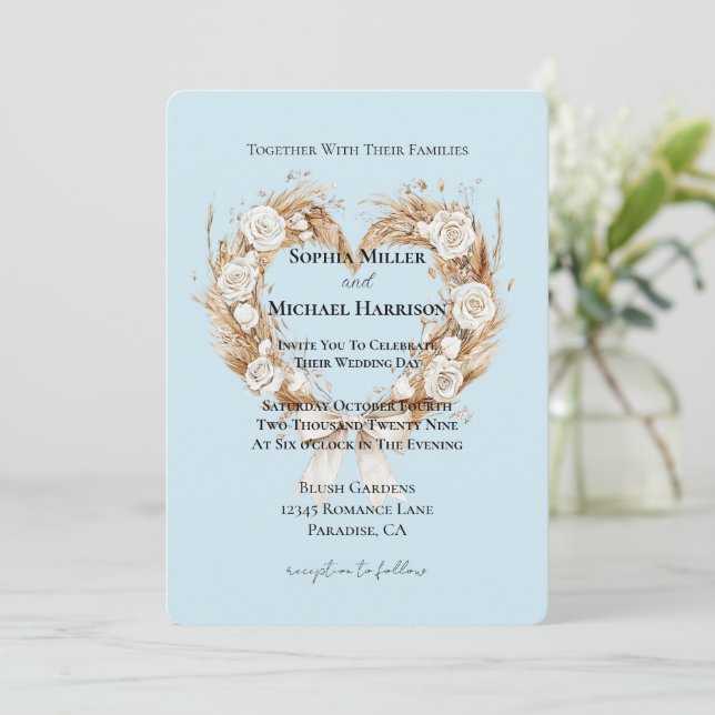 Convites Casamento Romântico de Coração Branco Floral (Em pé/Frente)