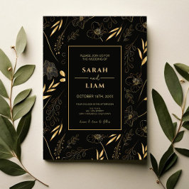Convites Casamento Romântico de Dourado Floral Elegante
