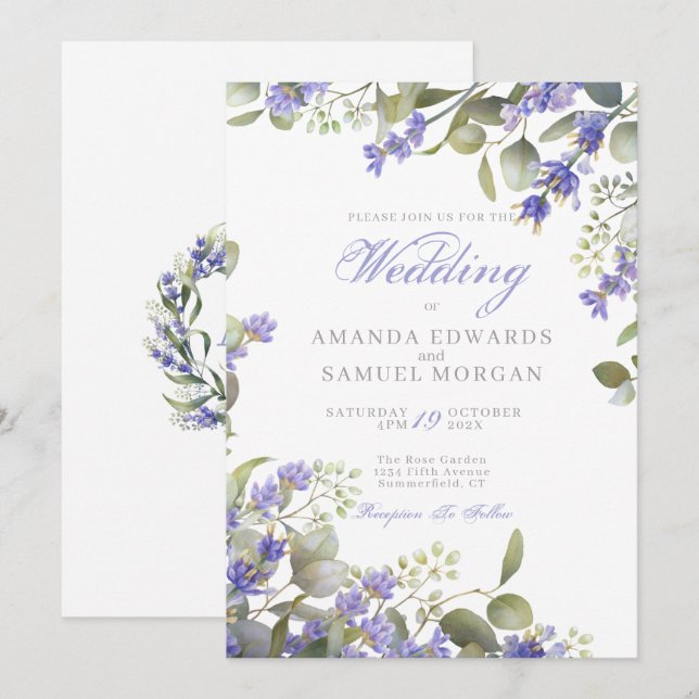 Convites Casamento Romântico de Eucalipto e Lavanda (Frente/Verso)