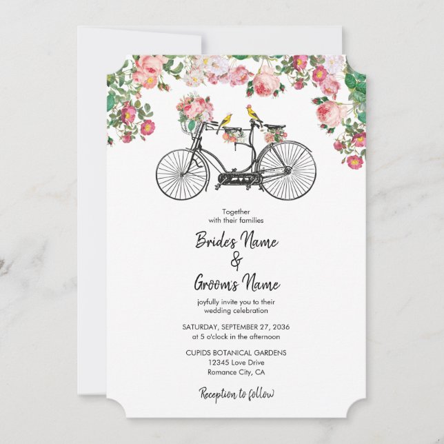Convites Casamento Romântico de Flores de Bicicletas e Aves (Frente)