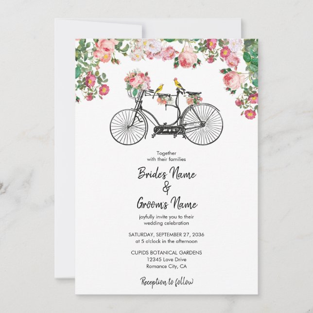 Convites Casamento Romântico de Flores de Bicicletas e Aves (Frente)