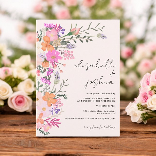 Convites Casamento romântico de flores selvagens pastel (Romantic pastel wild flowers spring wedding invitation)