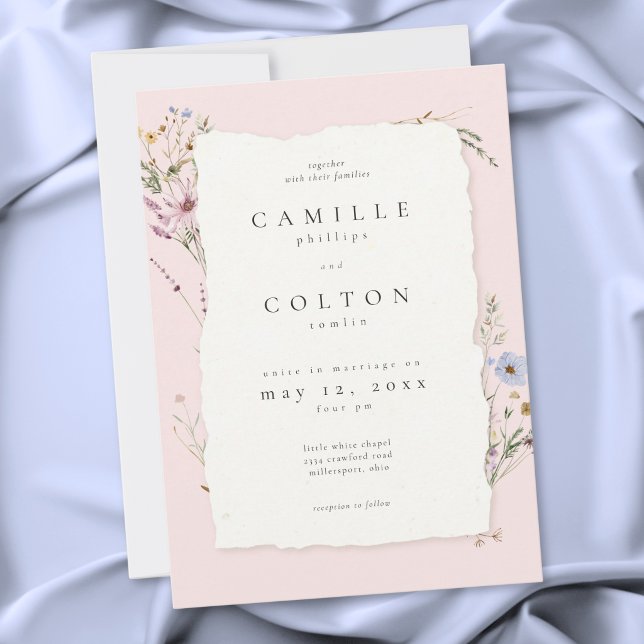 Convites Casamento Romântico de Flores Silvestres Rosa Bege (Rustic Blush Pink Romantic Wildflower Wedding Invitation)