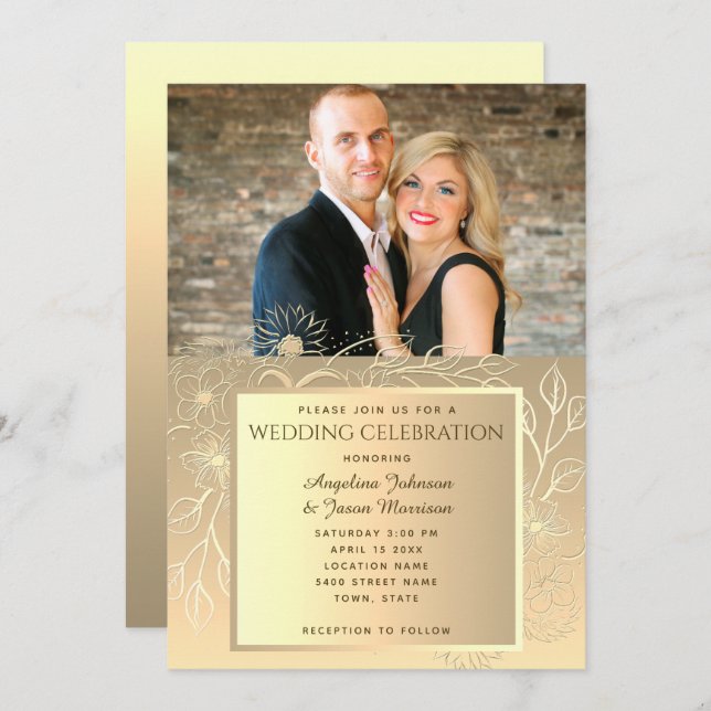 Convites Casamento Romântico de Fotografias Gold Foil (Frente/Verso)