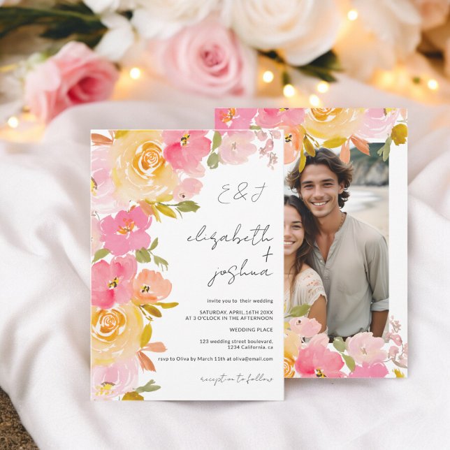 Convites Casamento romântico de fotos florais amarelas cor- (Romantic boho pink yellow floral photo wedding invitation)