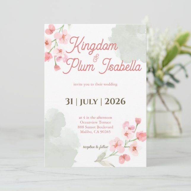 Convites Casamento Romântico de Jardim com Flora de Primave (Em pé/Frente)