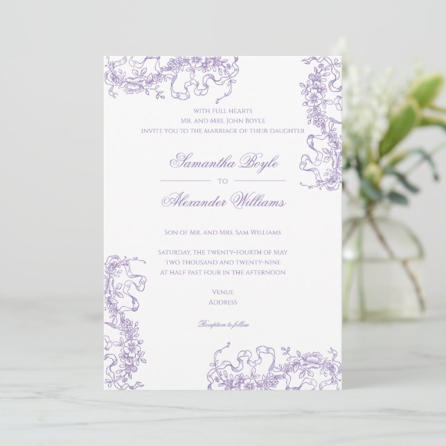 Convites Casamento Romântico de Lavanda Floral Francesa Roc (Em pé/Frente)