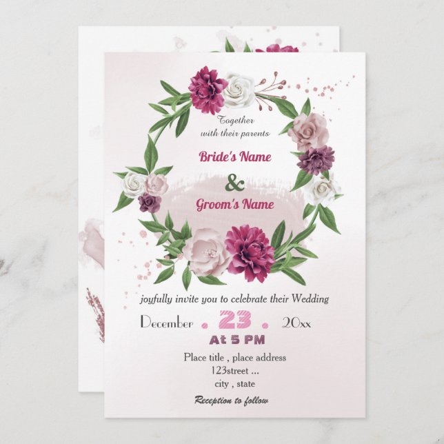 Convites casamento romântico de madre floral rosa (Frente/Verso)