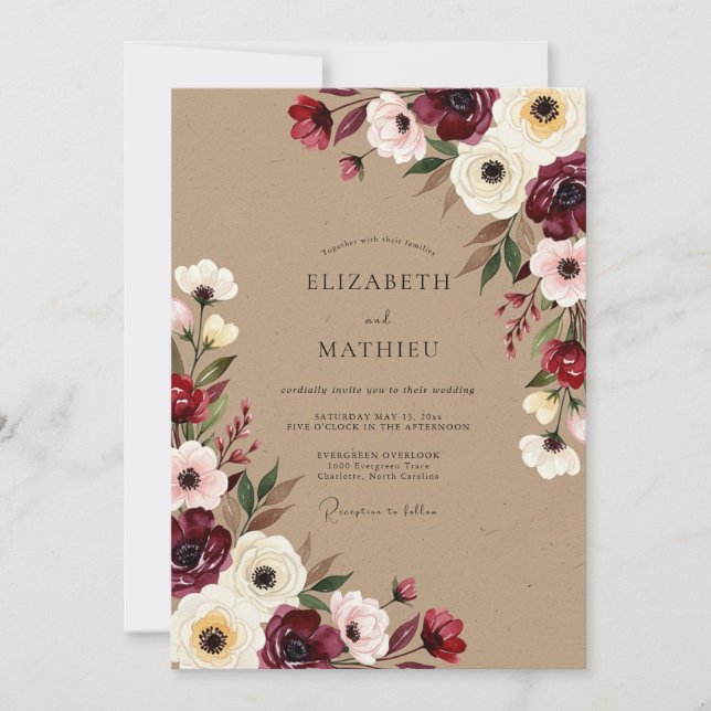 Convites Casamento Romântico de Outono com Floral Borgonha (Frente)