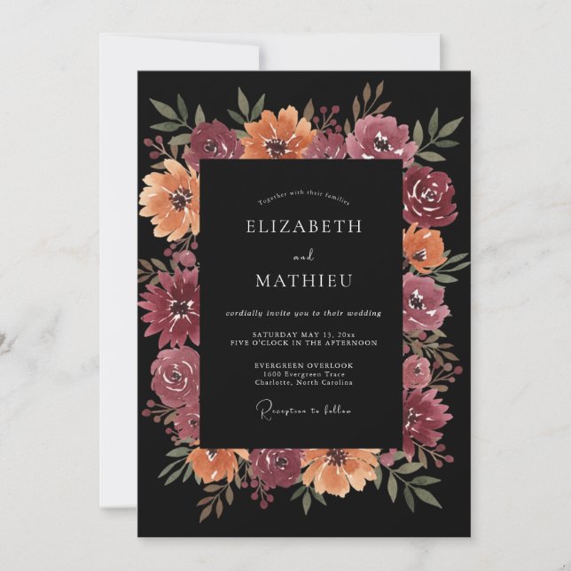 Convites Casamento Romântico de Outono com Floral Borgonha (Frente)