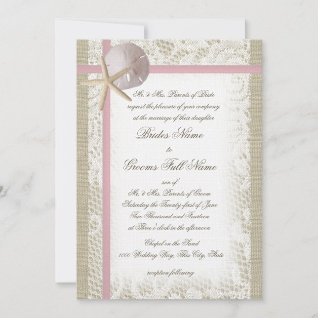 Convites Casamento Romântico de Praia e Pink de Lace (Frente)