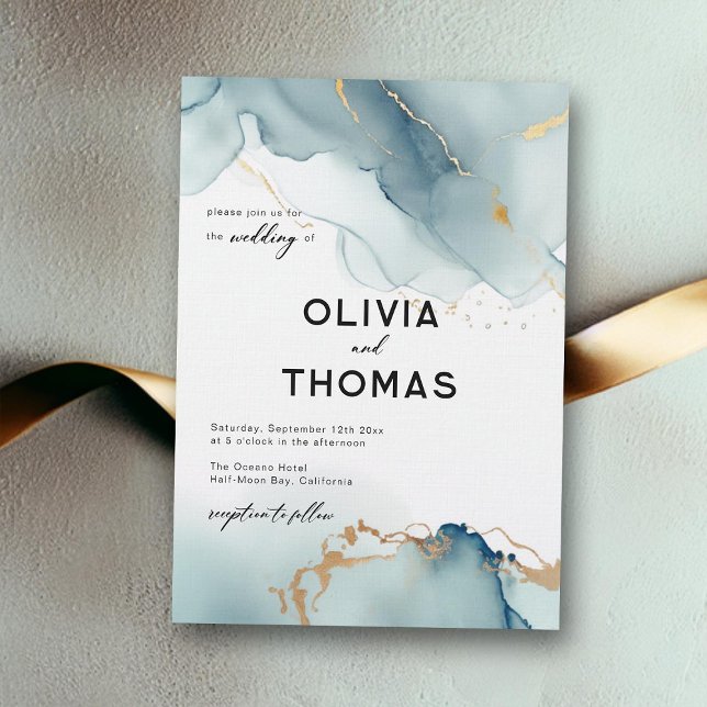 Convites Casamento Romântico de Praia Romântica com Azul Mo (dusty blue beach wedding invitation elegant modern romantic bohemian chic simple classy calligraphy)