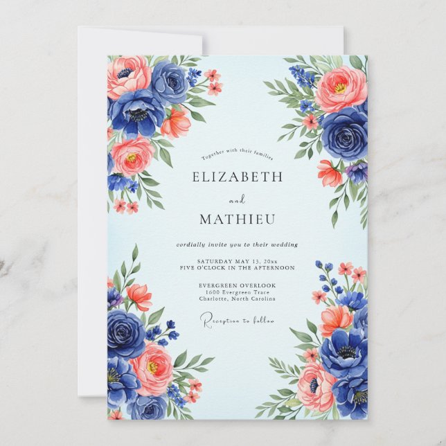 Convites Casamento Romântico de Primavera Azul Marinho (Frente)