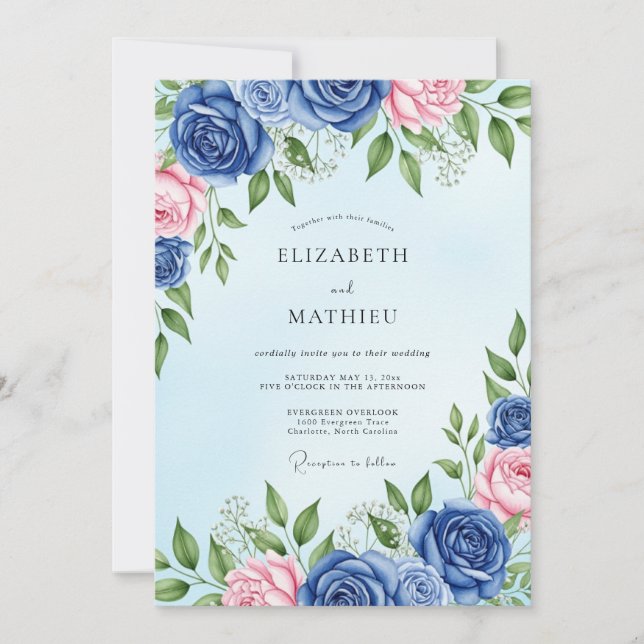Convites Casamento Romântico de Primavera Azul Real (Frente)