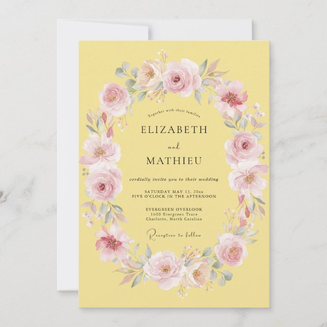 Convites Casamento Romântico de Primavera com Amarelo Pálid (Frente)