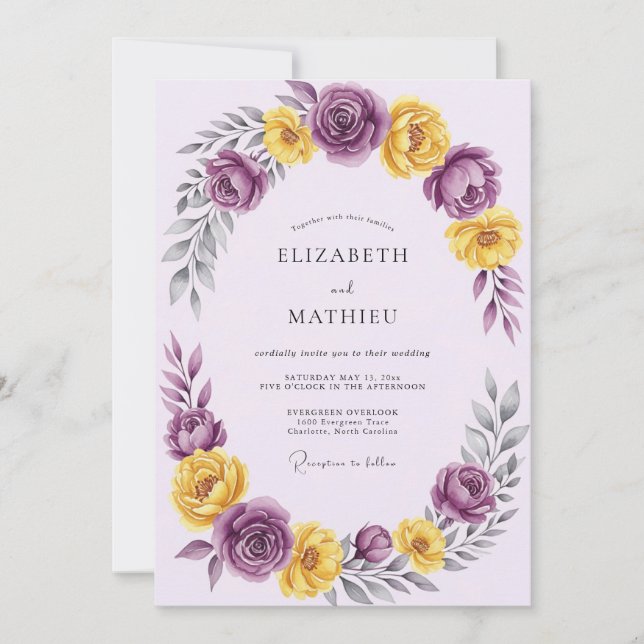 Convites Casamento Romântico de Primavera com Amarelo Roxo (Frente)