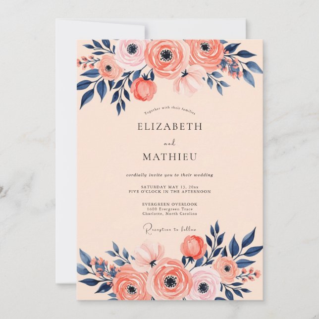 Convites Casamento Romântico de Primavera com Azul Naval e  (Frente)