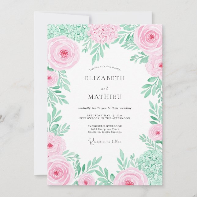 Convites Casamento Romântico de Primavera com Florais Rosa (Frente)