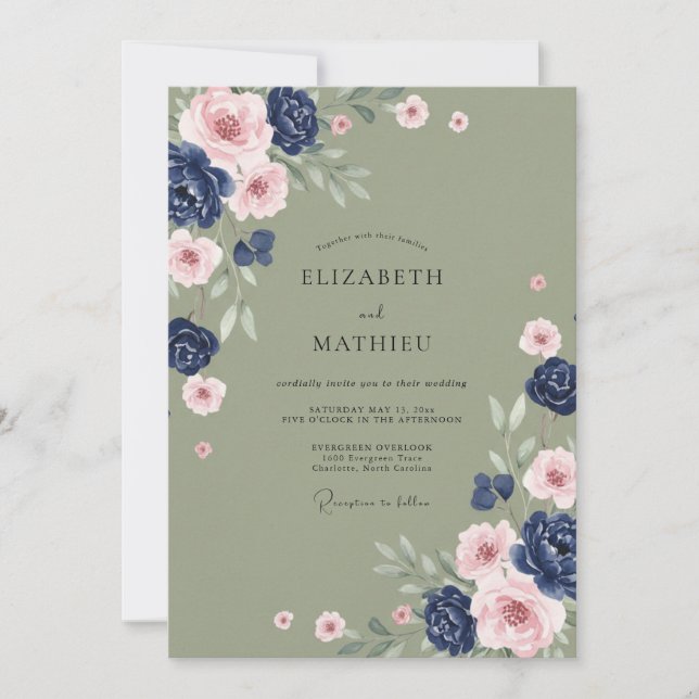 Convites Casamento Romântico de Primavera com Floral Azul M (Frente)