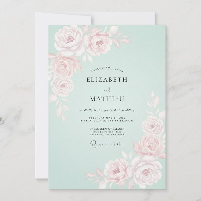 Convites Casamento Romântico de Primavera com Rosa Hortelã (Frente)