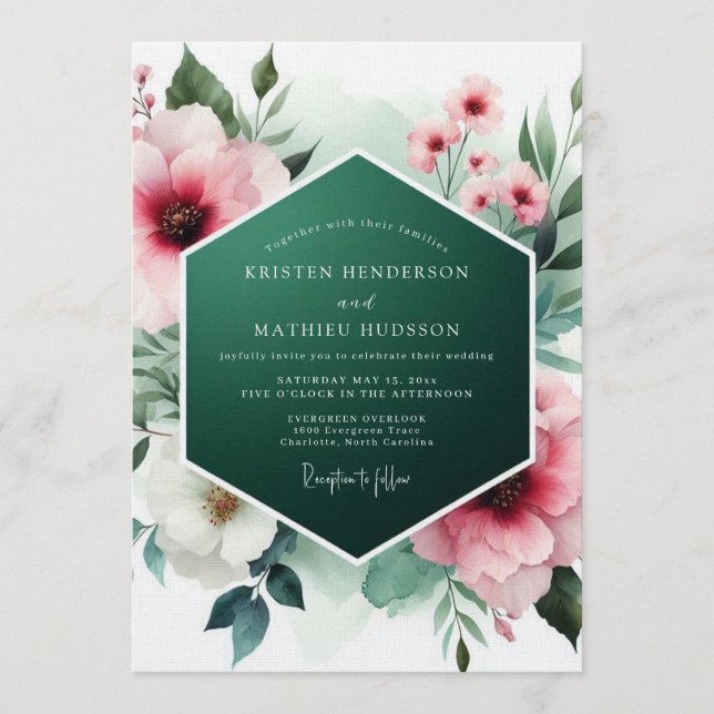 Convites Casamento Romântico de Primavera com Verde Esmeral (Frente)