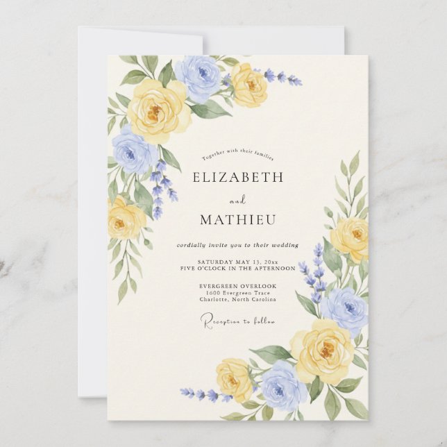 Convites Casamento Romântico de Primavera em Azul Centáurea (Frente)