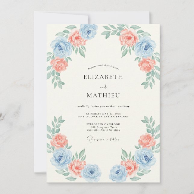Convites Casamento Romântico de Primavera em Azul Claro e P (Frente)