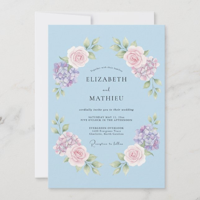 Convites Casamento Romântico de Primavera em Azul Suave (Frente)