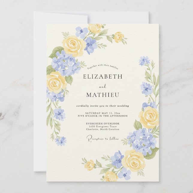 Convites Casamento Romântico de Primavera em Azul Vinca (Frente)
