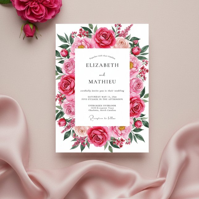 Convites Casamento Romântico de Primavera Rosa Fúcsia (Criador carregado)