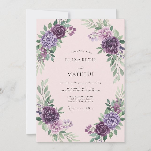 Convites Casamento Romântico de Primavera Roxo (Frente)