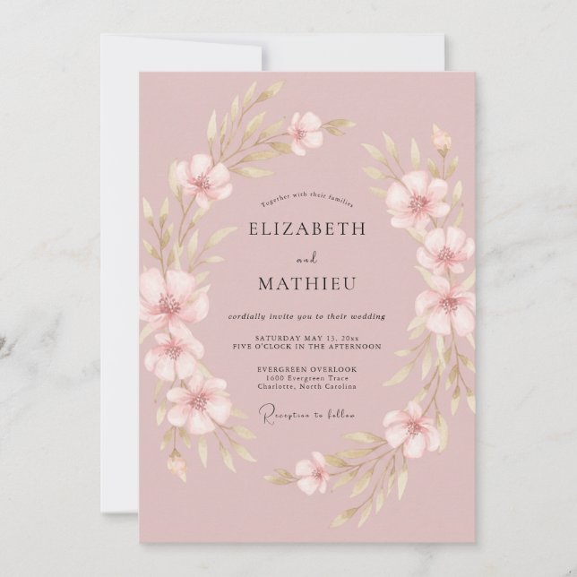 Convites Casamento Romântico de Rosa Suave na Primavera (Frente)