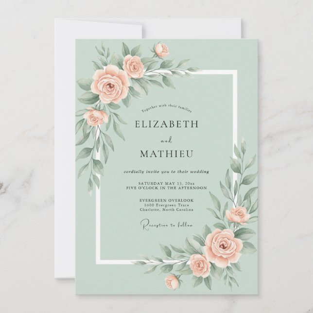 Convites Casamento Romântico de Rosa Verde Hortelã (Frente)
