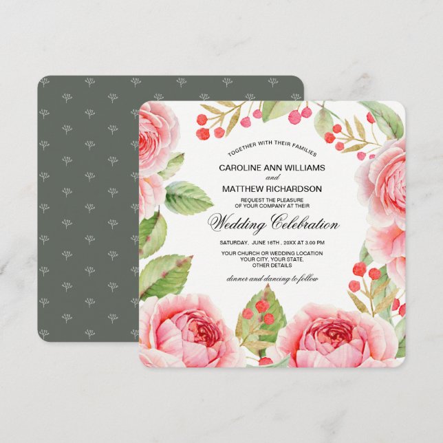 Convites Casamento Romântico de Rosas de Aquarela (Frente/Verso)