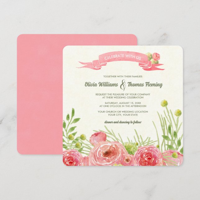 Convites Casamento Romântico de Rosas de Aquarela (Frente/Verso)