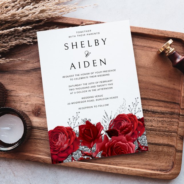 Convites Casamento Romântico de Rosas vermelhas e Prata (Criador carregado)