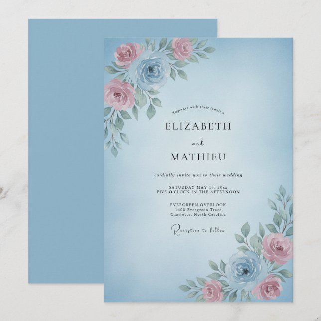 Convites Casamento Romântico Delicado Azul Céu (Frente/Verso)