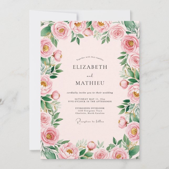 Convites Casamento Romântico Delicado Rosa Bege (Frente)