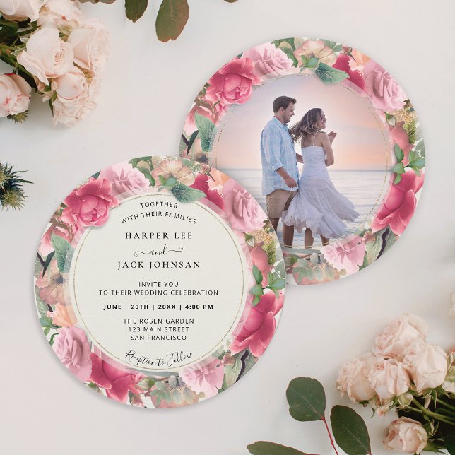 Convites Casamento Romântico do Círculo de Fotografia Flora (Romantic Blush Pink Floral Photo Circle Wedding Invitation)