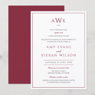 Convites Casamento Romântico do Monograma Clássico Burgundy