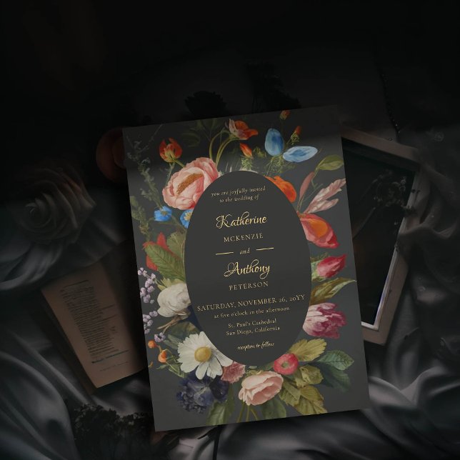 Convites Casamento Romântico dos Reds Góticos Floral Dark (moody romantic wedding invitation red blue floral frame painting dutch masters elegant gothic dark)