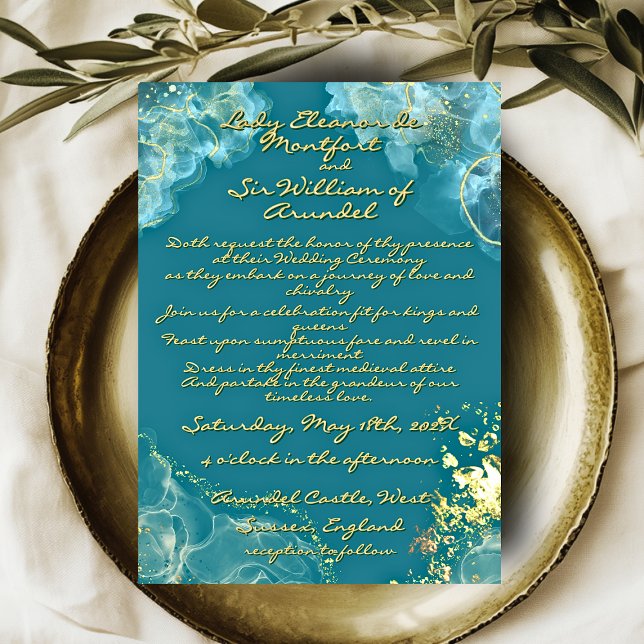 Convites Casamento Romântico Dourado de Teal Marble Fantasy (Romantic Gold Teal Marble Fantasy Wedding Invitation)
