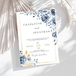 Convites Casamento Romântico Dourado e Azul do Marinho Indi