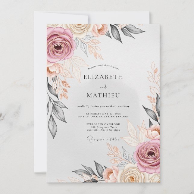 Convites Casamento Romântico e Elegante em Rosa Desbotado (Frente)