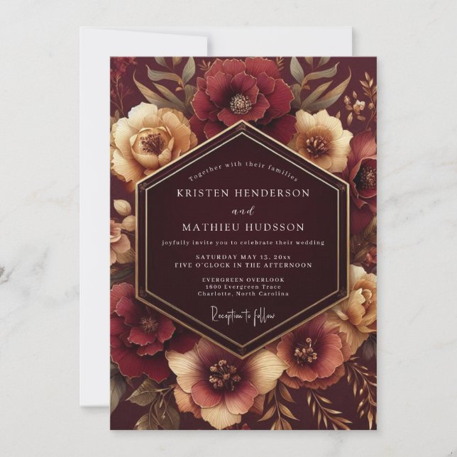 Convites Casamento Romântico e Sombrio com Floral Borgonha (Frente)