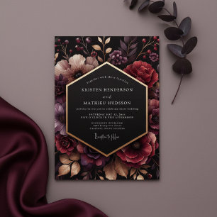 Convites Casamento Romântico e Sombrio com Floral Borgonha